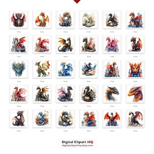 May include: A collection of 60 digital clipart images featuring watercolor illustrations of dragons in various colors and poses. Each dragon is set against a white background, with some images including castles or floral elements. The images are labeled with numbers.