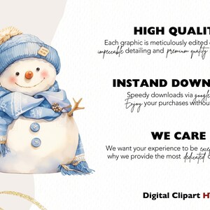 Op de afbeelding: Waterverfillustratie van een lachende sneeuwman met een blauwe muts, sjaal en wanten. De sneeuwman heeft een wortelneus en knoopogen. Tekst aan de rechterkant zegt "HOGE KWALITEIT", "INSTANT DOWNLOAD" en "WE CARE".