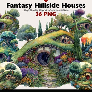 Fantasy Hillside Houses Clipart, Underground House Watercolor, Round Door Cottage Printables, Fairy Tale Home Graphics, Shire House PNG