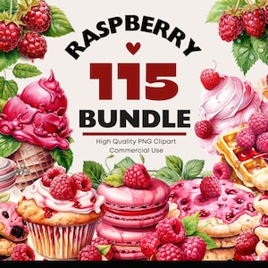 Akvarell hallon clipart-paket, dessert PNG, kakburkgrafik, rosa glass, högkvalitativ fruktgrafik, scrapbooking-matelement