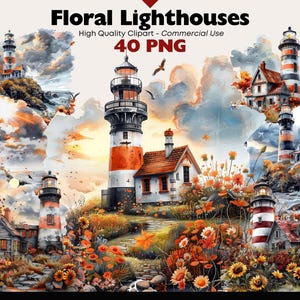 Puede incluir: Una ilustración digital de 40 faros florales. Los faros están pintados en rojo, blanco y negro con un efecto acuarela. Los faros están rodeados de flores y vegetación. El texto "Floral Lighthouses" y "40 PNG" es visible en la imagen.