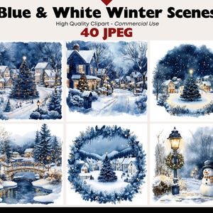 Pakiet zimowych widoków Clipart Śnieżne krajobrazy Grafiki Cyfrowe pobieranie JPEG Sztuka świąteczna Akwarela Wioska świąteczna Clipart Użytek komercyjny