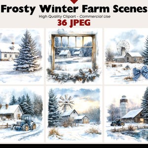 Puede incluir: Ilustraciones en acuarela de escenas de granjas invernales. Las imágenes representan casas, graneros, molinos de viento y árboles de hoja perenne cubiertos de nieve. El texto "Frosty Winter Farm Scenes" y "36 JPEG" se muestra en la parte superior.