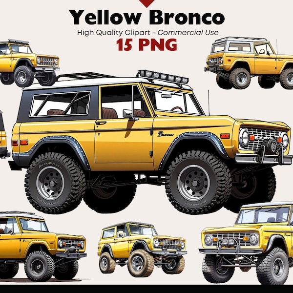 Yellow Ford Bronco Truck Clipart Bundle, Vintage Car PNG, Yellow Vehicle Watercolor, American Automobile, Pickup Truck Images, Car Graphics