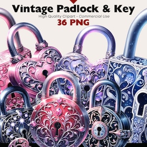 Vintage Padlock Clipart Bundle, Watercolor Lock And Key PNG, Victorian Padlock Png, Fantasy Heirloom Key Digital Download, Paper Crafts