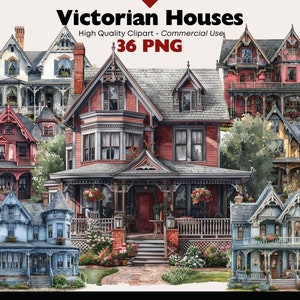 Victorian House Clipart Bundle, Vintage Mansion Watercolor, Gothic Buildings Printable, Paper Crafts Classic House PNG for Digital Download