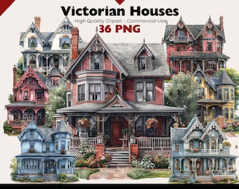 Victorian House Clipart Bundle, Vintage Mansion Watercolor, Gothic Buildings Printable, Paper Crafts Classic House PNG for Digital Download
