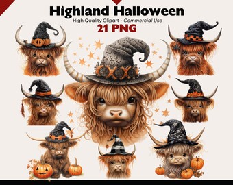 Paquete de imágenes prediseñadas de vaca de las tierras altas de Halloween, Sombrero de brujas de vaca linda PNG, Gráficos de acuarela de vaca bebé escocesa, Imágenes de las Tierras Altas de otoño, Vaca bruja