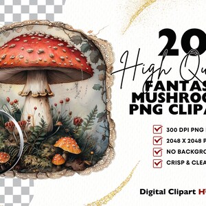 May include: A set of 20 high-quality fantasy mushroom PNG clipart images. The mushrooms are illustrated in a whimsical style with vibrant red, orange, and yellow colors. The images are perfect for digital scrapbooking, card making, and other creative projects.