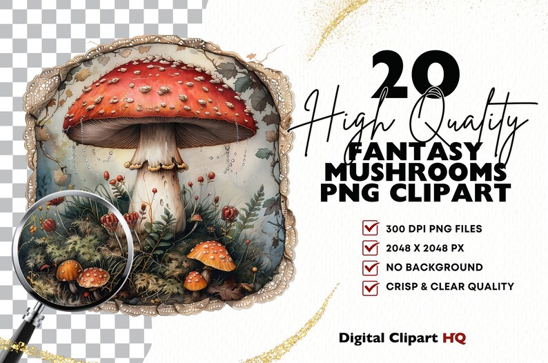 May include: A set of 20 high-quality fantasy mushroom PNG clipart images. The mushrooms are illustrated in a whimsical style with vibrant red, orange, and yellow colors. The images are perfect for digital scrapbooking, card making, and other creative projects.