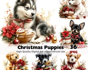 May include: Digital art featuring six adorable puppies with festive Christmas decorations. The puppies are surrounded by poinsettias, ornaments, and cookies. The image includes the text "Christmas Puppies" and "36 JPEG".