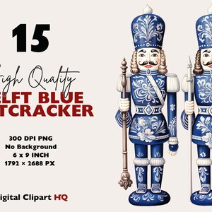 May include: Two blue and white Delftware nutcracker figurines with gold accents. Each figurine is holding a staff and has a white beard and mustache.