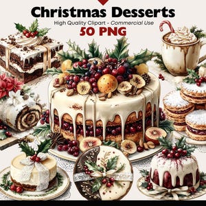Christmas Desserts Clipart Bundle Festive Christmas Dinner Graphics Digital Download Holiday Meals Watercolor Clipart Holiday Yuletide Png