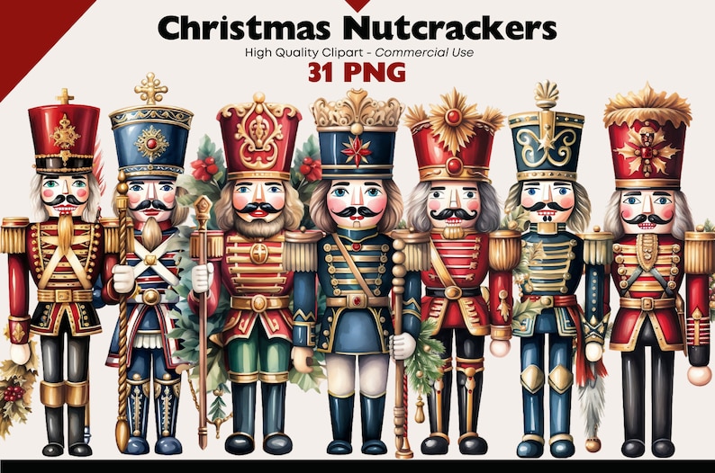 以下が含まれることがあります： 7体のカラフルなクリスマスのナッツクラッカーの置物セット。ナッツクラッカーは、赤、青、緑のアクセントがついた伝統的な軍隊の制服を着ています。彼らは、剣、ドラム、旗など、さまざまな武器やアクセサリーを持っています。ナッツクラッカーは白い背景に立っています。