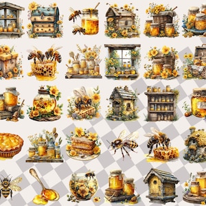 May include: A collection of 25 watercolor illustrations featuring honeybees, honey jars, beehives, and other bee-themed imagery. The illustrations are set against a white and gray checkered background.