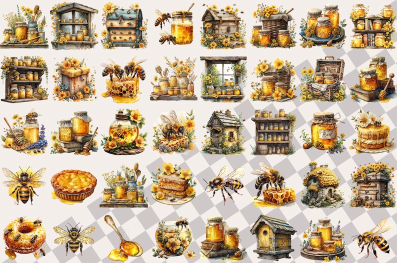 May include: A collection of 25 watercolor illustrations featuring honeybees, honey jars, beehives, and other bee-themed imagery. The illustrations are set against a white and gray checkered background.