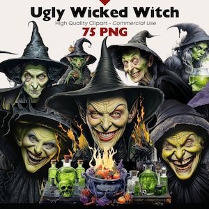 Ugly Wicked Witch Clipart Bundle, Witch PNG, Scary Watercolor Clipart, Fantasy Witches Images, Paper Crafts, Scrapbook, Witchy Halloween PNG