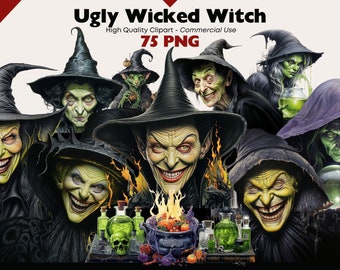 Ugly Wicked Witch Clipart Bundle, Witch PNG, Scary Watercolor Clipart, Fantasy Witches Images, Paper Crafts, Scrapbook, Witchy Halloween PNG
