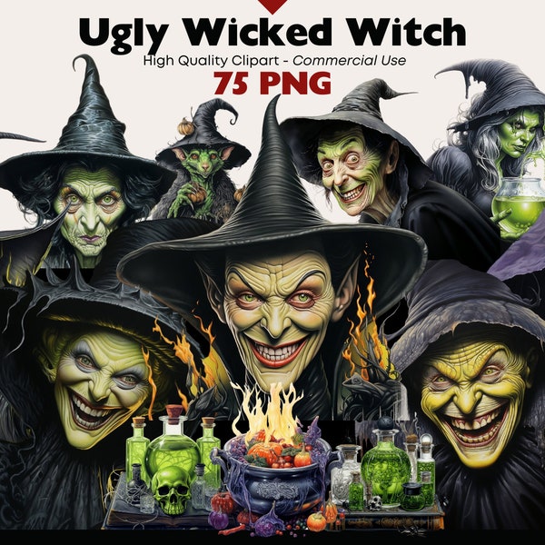 Ugly Wicked Witch Clipart Bundle, Witch PNG, Scary Watercolor Clipart, Fantasy Witches Images, Paper Crafts, Scrapbook, Witchy Halloween PNG