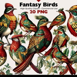 Fantasy Christmas Birds PNG Clipart Bundle, Fantasy Birds Winter Illustrations, Cute Birds Digital Download PNG, Whimsical Christmas Birds