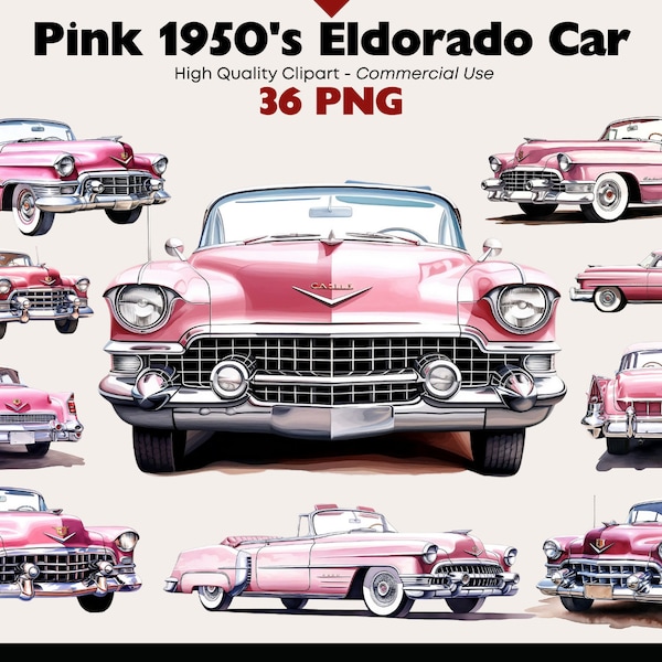 Pink Vintage Car Clipart, 1950s Eldorado, PNG Car, Cabriolet Clipart, Pink Vehicle Watercolor, American Automobile, Classic Car Graphics