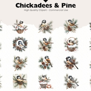 Puede incluir: Un conjunto de 18 im&aacute;genes de clipart digitales que representan a los carboneros y las ramas de pino. Las im&aacute;genes est&aacute;n en un estilo de acuarela y presentan varias poses de las aves, incluyendo posadas en las ramas, volando y en los nidos. Las im&aacute;genes son perfectas para usar en proyectos de artesan&iacute;a, scrapbooking y dise&ntilde;o digital.