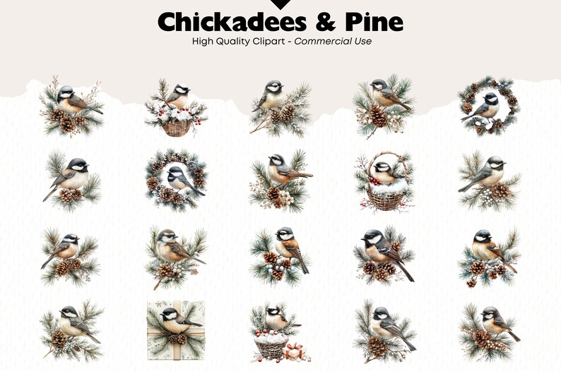 Puede incluir: Un conjunto de 18 im&aacute;genes de clipart digitales que representan a los carboneros y las ramas de pino. Las im&aacute;genes est&aacute;n en un estilo de acuarela y presentan varias poses de las aves, incluyendo posadas en las ramas, volando y en los nidos. Las im&aacute;genes son perfectas para usar en proyectos de artesan&iacute;a, scrapbooking y dise&ntilde;o digital.