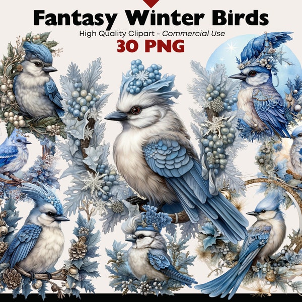 Blue Winter Birds Clipart Bundle, Fantasy Birds Watercolor, Christmas Birds PNG, Whimsical Birds Graphics, Magical Bird, Cute Birdie PNG