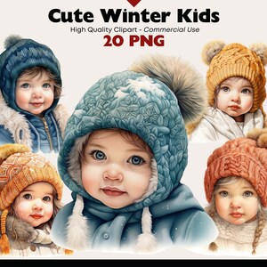 Schattige winter kinderen clipartbundel, peuter aquarel png, schattige kinderen in gezellige gebreide muts graphics, besneeuwde jongens in winterkleding afbeeldingen