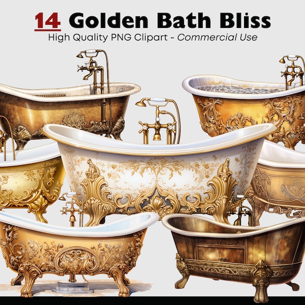 Golden Vintage Bathtub Watercolor Clipart Set, Art Nouveau Clipart Bundle, Victorian Bath PNG Digital Stickers, Scrapbook, Junk Journal