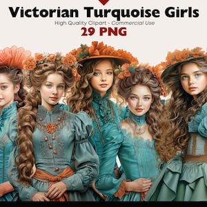Bundle di clipart per ragazze vittoriane, acquerello turchese vintage, Little Lady PNG, abito antico PNG, Scrapbooking, diario digitale per ragazza