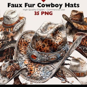 Paquete de imágenes prediseñadas de sombrero de vaquero de piel sintética, gráficos Png de sombrero de vaquera occidental, imprimible occidental, sombrero con estampado de animales salvajes vaquero PNG acuarela