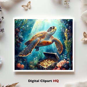 Puede incluir: Impresi&oacute;n digital de una tortuga marina nadando en una vibrante escena submarina. La tortuga est&aacute; rodeada de corales, plantas y un cofre del tesoro lleno de monedas de oro. La imagen tiene una est&eacute;tica brillante y colorida.