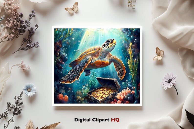Puede incluir: Impresi&oacute;n digital de una tortuga marina nadando en una vibrante escena submarina. La tortuga est&aacute; rodeada de corales, plantas y un cofre del tesoro lleno de monedas de oro. La imagen tiene una est&eacute;tica brillante y colorida.