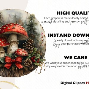 May include: A digital clipart image of a red and white mushroom with white spots, surrounded by green holly leaves, red berries, and pine cones. The background is a watercolour-style painting of a forest scene.