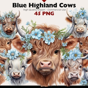 Blue Highland Cow Clipart Bundle, Baby Cow Flower Crown, Highland Cow PNG, Scottish Baby Cow Watercolor Graphics, Cute Highland Cow Wreath
