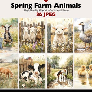 May include: Watercolor illustrations of farm animals, including lambs, goats, ducks, and a goose, set against a backdrop of a rustic farm scene. The text "Spring Farm Animals" and "36 JPEG" are displayed at the top.