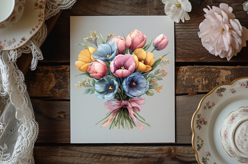 May include: A bouquet of pastel coloured tulips tied with a pink ribbon. The bouquet includes yellow, pink, and blue tulips.