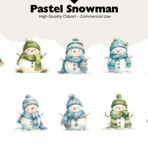 Op de afbeelding: Waterverfillustraties van pastelkleurige sneeuwmannen met hoeden en sjaals in verschillende tinten blauw en groen. Elke sneeuwman heeft een wortelneus en takarmen. De tekst bovenaan luidt "Pastel Snowman" en "High Quality Clipart - Commercial Use."