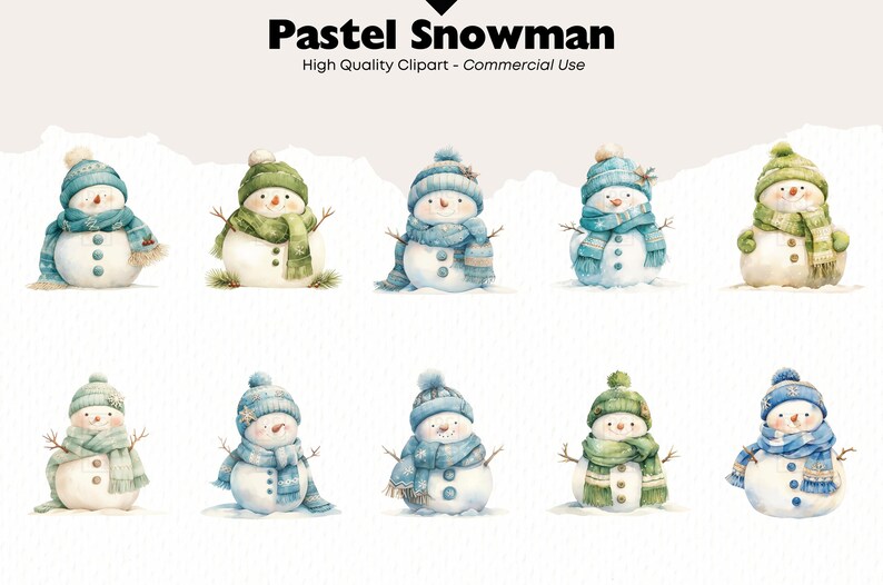 Op de afbeelding: Waterverfillustraties van pastelkleurige sneeuwmannen met hoeden en sjaals in verschillende tinten blauw en groen. Elke sneeuwman heeft een wortelneus en takarmen. De tekst bovenaan luidt "Pastel Snowman" en "High Quality Clipart - Commercial Use."
