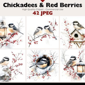 Puede incluir: Ilustraciones en acuarela de carboneros y bayas rojas. Las imágenes muestran los pájaros posados en ramas, cerca de casas para pájaros y faroles. El texto "Chickadees & Red Berries" y "42 JPEG" son visibles.