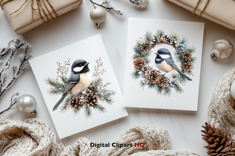 Puede incluir: Dos ilustraciones digitales de un carbonero com&uacute;n posado en una corona de invierno. El p&aacute;jaro est&aacute; posado en una corona de ramas de pino, pi&ntilde;as y nieve. Las coronas est&aacute;n sobre un fondo blanco.