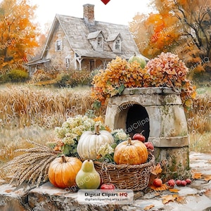 May include: A watercolor illustration of a rustic stone house with a chimney, surrounded by autumn trees. In the foreground, a wicker basket holds orange and white pumpkins, a green pear, and wheat stalks, resting near a stone structure.