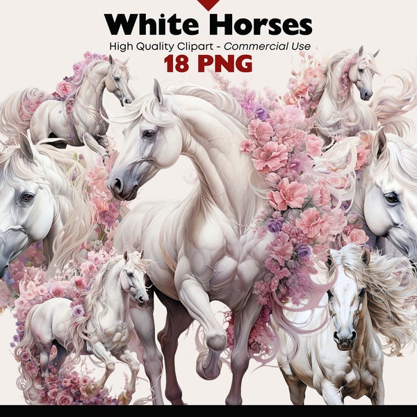 Bundle de cliparts cheval blanc, fleur rose cheval PNG, cheval aquarelle avec des illustrations de fleurs, roses roses Fantasy cheval numérique PNG