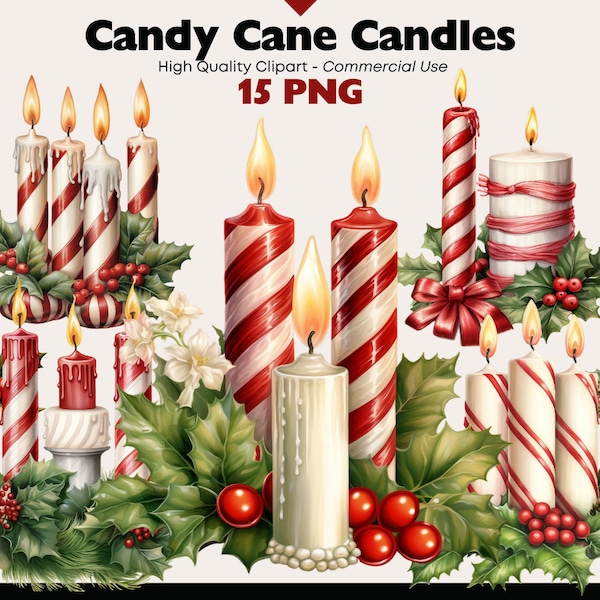 Candy Cane Candles Clip Art Bundle, Watercolor Candle PNG, Red and White Striped Candles, Traditional Christmas Candles, Candlelight Clipart