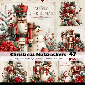 Könnte beinhalten: Eine digitale Kunstsammlung mit Weihnachts-Nussknackern und Schneemännern mit Weihnachtssternen und Tannenbäumen. Der Text lautet Merry Christmas, Christmas Nutcrackers 47, High Quality Digital Art - Commercial Use und JPEG.