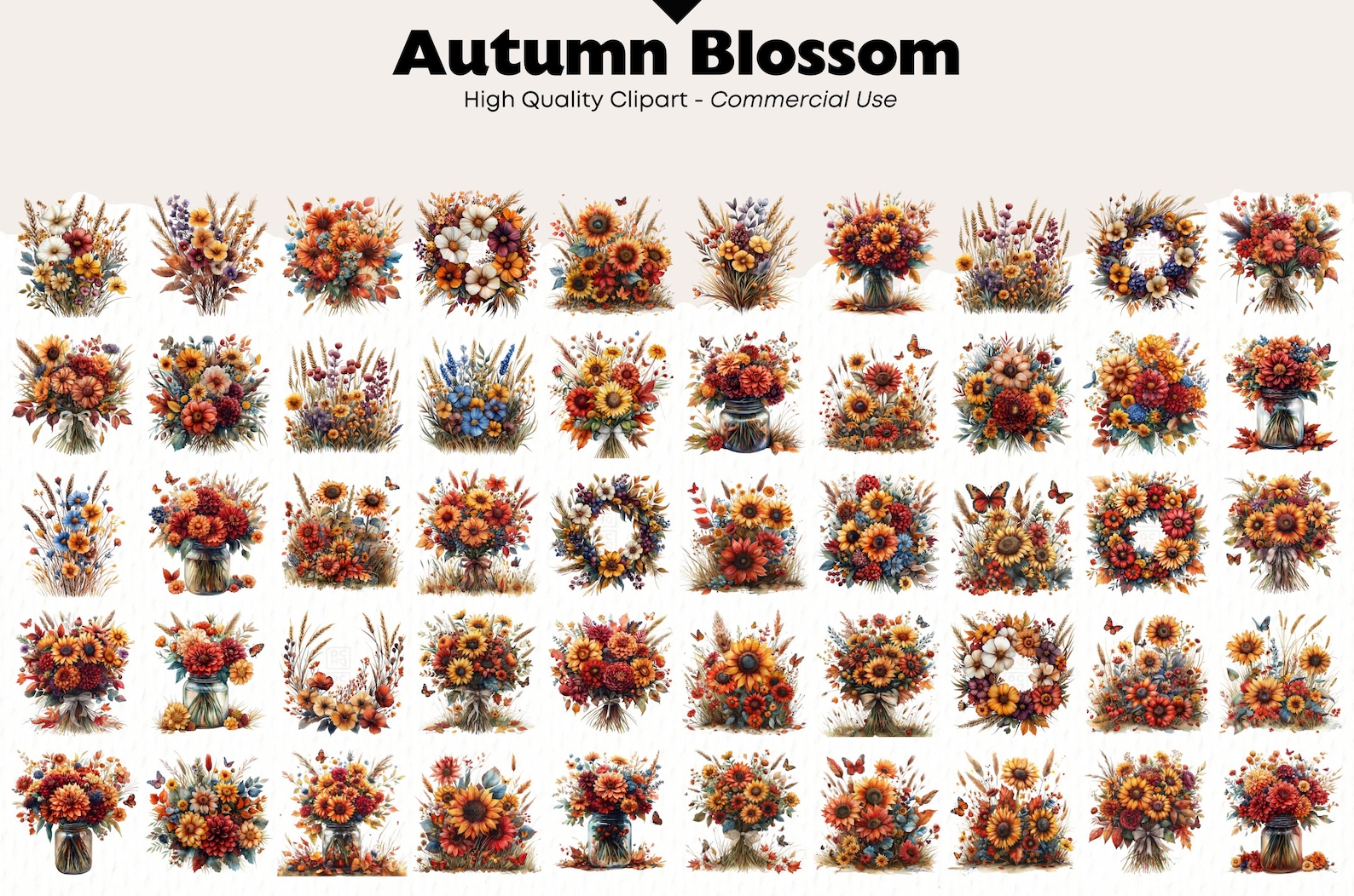 Floral Autumn Clipart Bundle Watercolor Sunflowers Png Graphics Digital ...