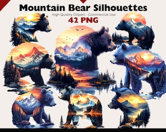 Mountain Bear Silhouette Clipart PNG, Scenic Wildlife Landscape, Forest Lake Sunset Art, Nature Double Exposure Design Digital Download