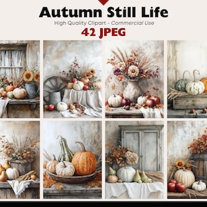 May include: A digital collection of 42 JPEG images titled Autumn Still Life, featuring various arrangements of pumpkins, gourds, dried flowers, and rustic wooden elements in muted, warm seasonal tones for high-quality clipart use.