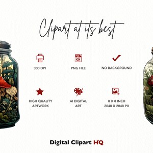 May include: Two glass jars filled with mushrooms and greenery. The jars are transparent and show the contents inside. The mushrooms are red and white with white spots. The greenery is green and leafy. The jars are on a white background.